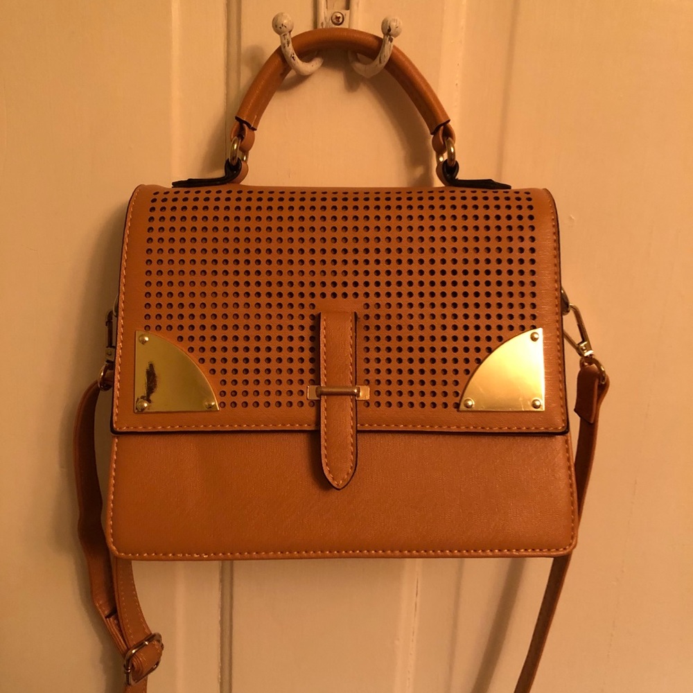 Tan Crossbody Purse with Gold Metal